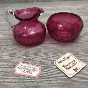 Pilgrims genuine cranberry glass pitcher & bowl / cream and sugar set
